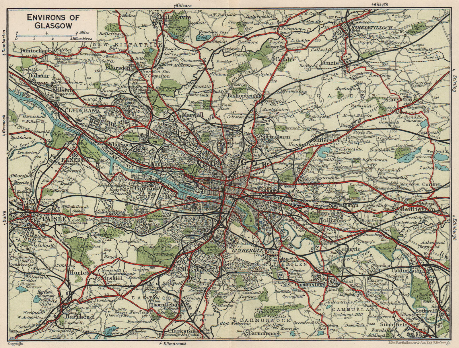 ENVIRONS OF GLASGOW. Vintage town city map plan. Paisley. Scotland 1932